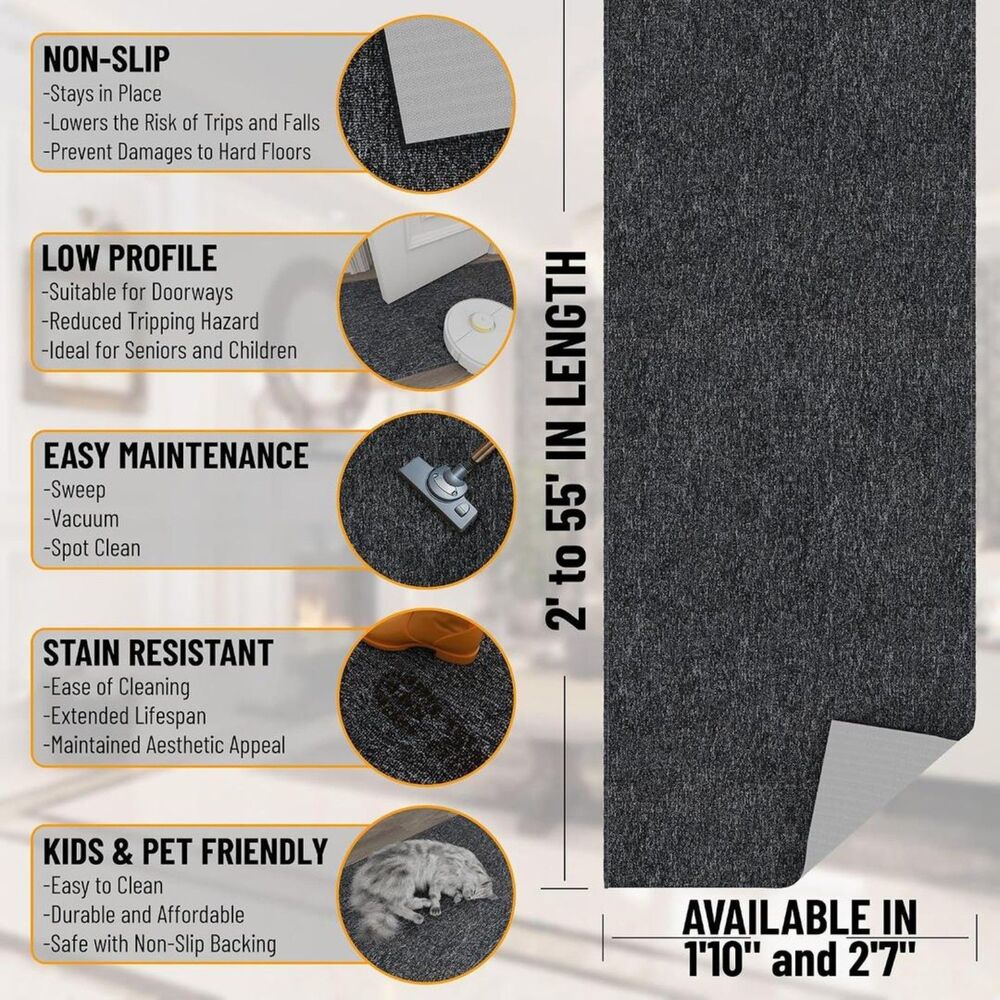 Brand New Ottomanson Black Ultra-Thin Hallway Runner Rug 1'10" × 22' - Picture 3 of 5